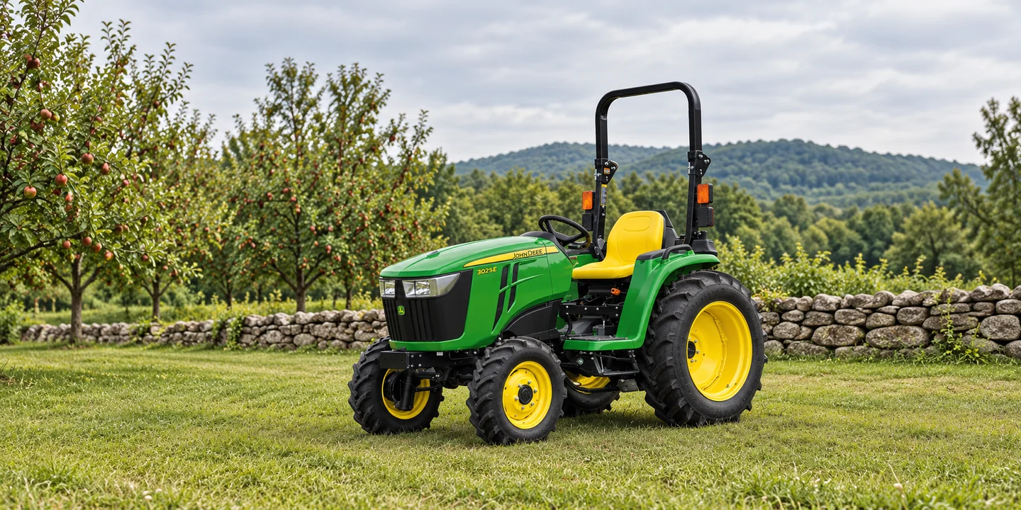 John Deere tractor safety — a 3025E parked on level grass beside an orchard.