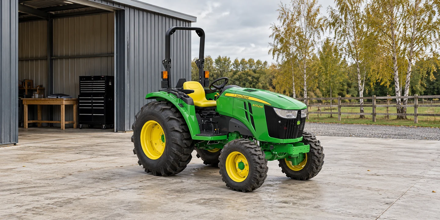 Tractor maintenance — 4052M parked outside a galvanized-steel farm workshop.