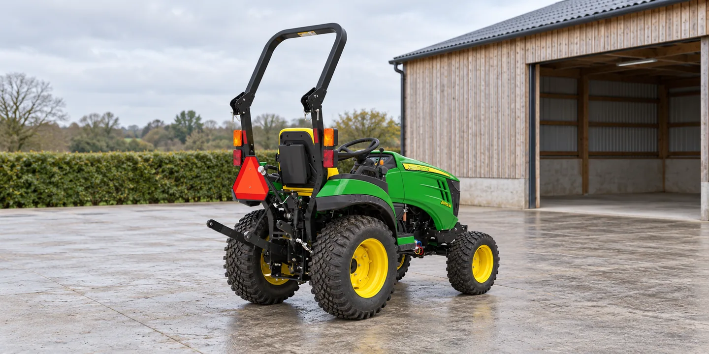 Implement swapping — a John Deere 2025R parked on a concrete apron beside an empty timber equipment bay.