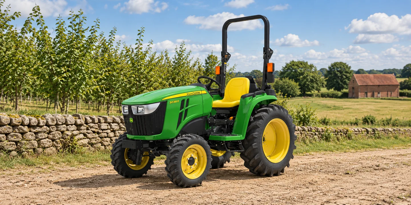 John Deere 3000 Series — a 3038E example parked beside a dry-stone wall and rows of young trees.