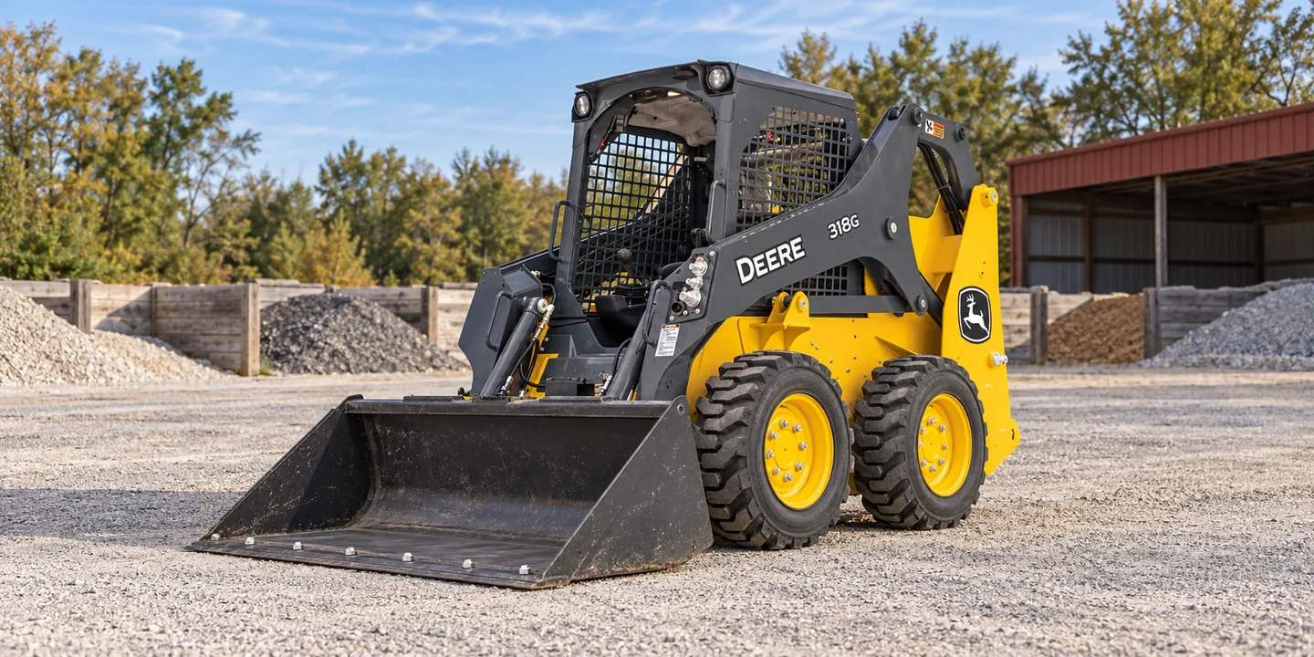 Heavy equipment rentals — a John Deere 318G skid steer parked on gravel with its bucket lowered beside material bays.