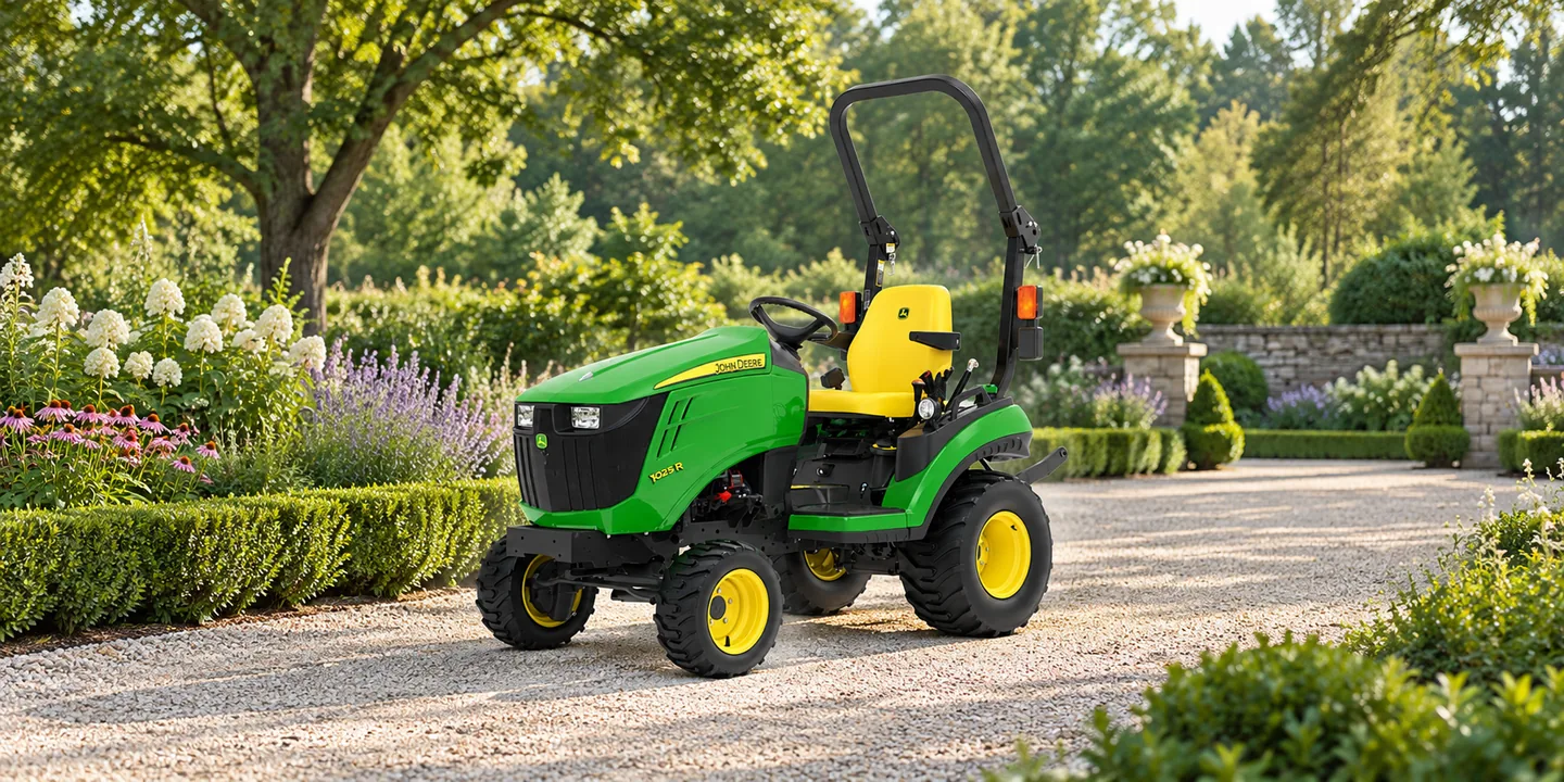 John Deere landscaping — a bare 1025R tractor parked on a gravel garden path beside clipped hedges and flower beds.