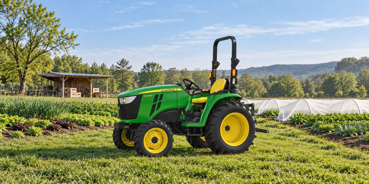 John Deere compact tractors — 3038E beside vegetable beds and low growing tunnels.