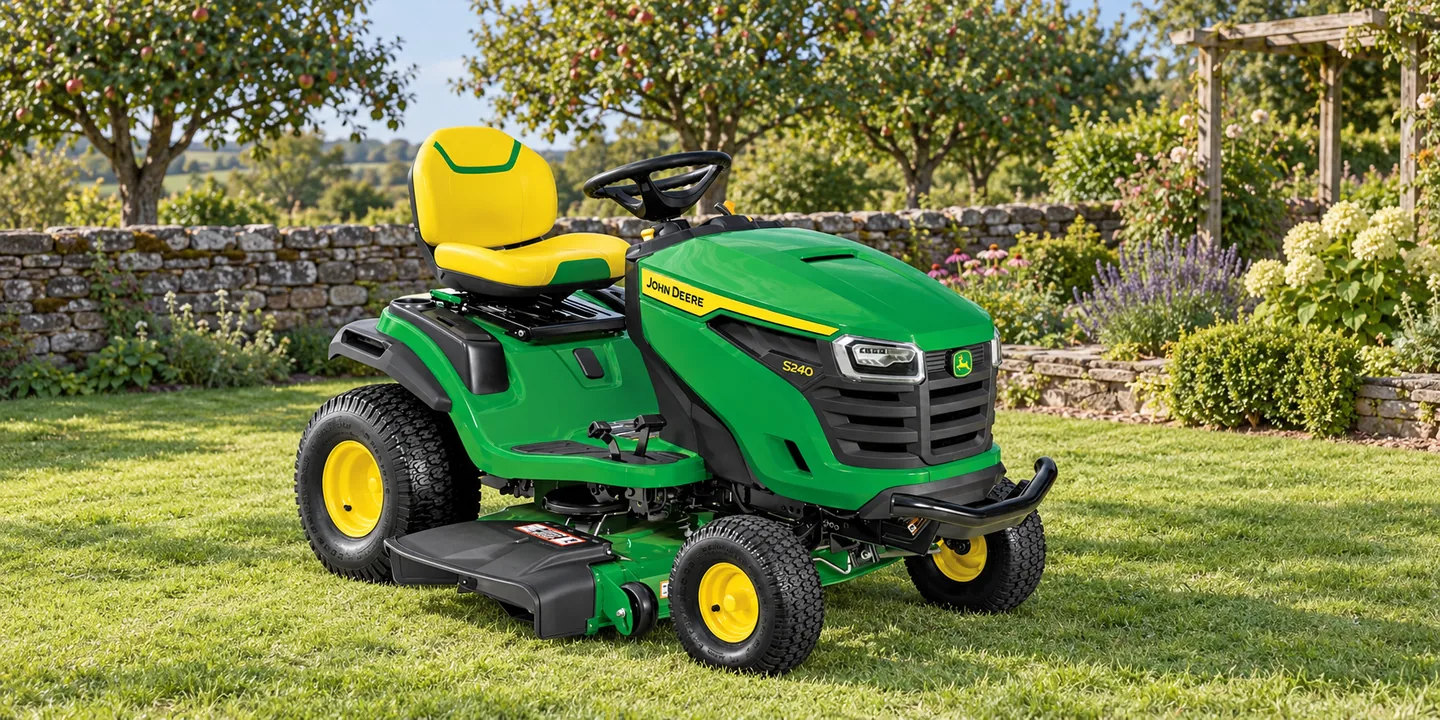 John Deere mowing tools — an S240 lawn tractor example parked on grass beside a stone wall and apple trees.