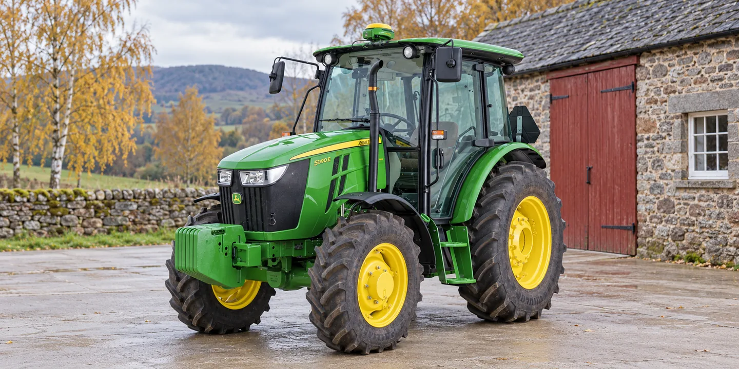 John Deere tractor modifications — a stock 5090E cab tractor parked outside a stone workshop with red wooden doors.