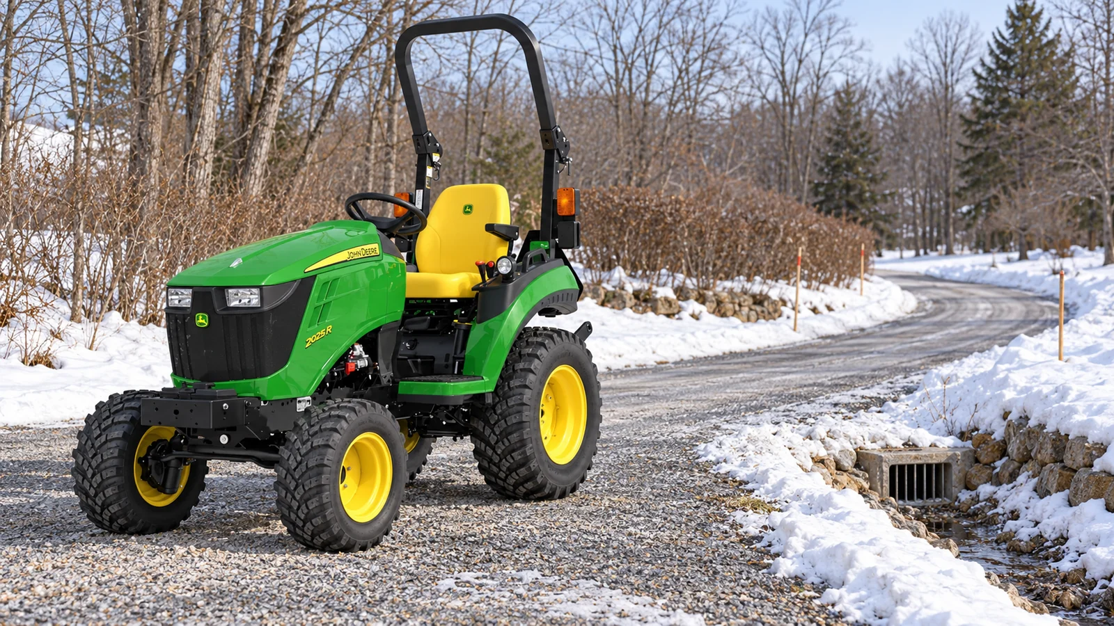John Deere snow removal plan: a 2025R parked beside a cleared winter driveway and a visible roadside drain.