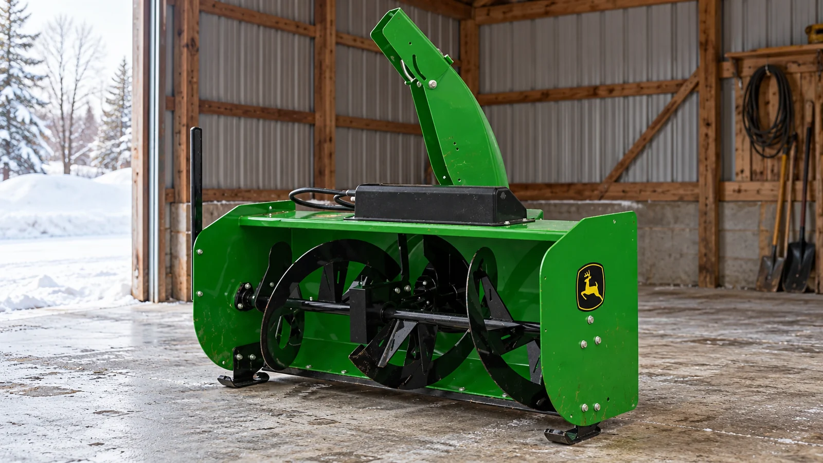 John Deere 47-inch Quick-Hitch snowblower with black augers and a green discharge chute in a winter equipment bay