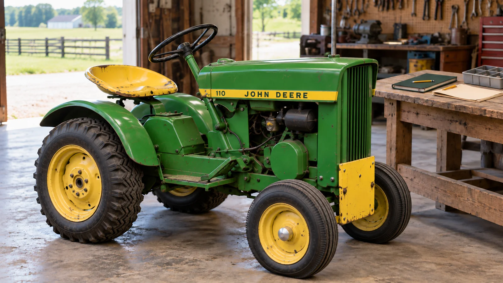 Vintage John Deere garden tractors: a round-fender 110 beside project records in a farm workshop