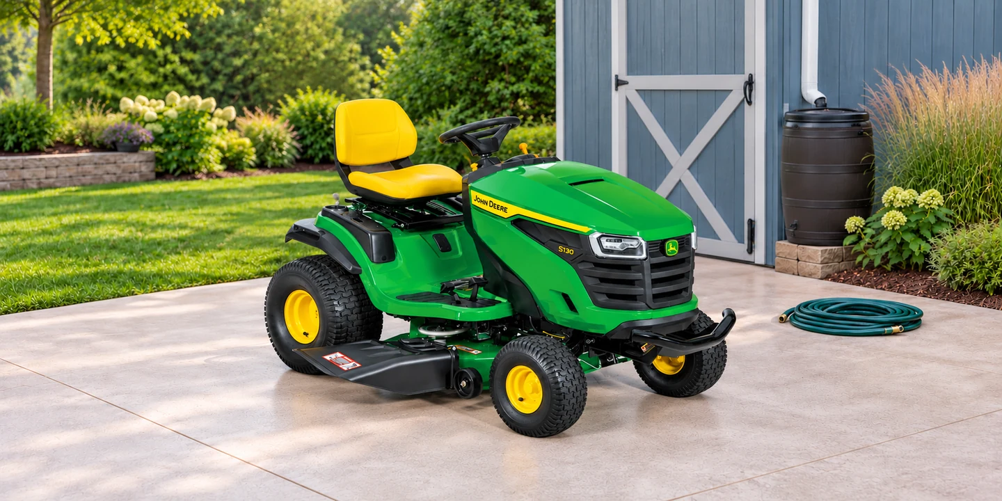 John Deere washout port — S130 lawn tractor parked on a concrete pad beside a coiled garden hose and blue-gray shed.
