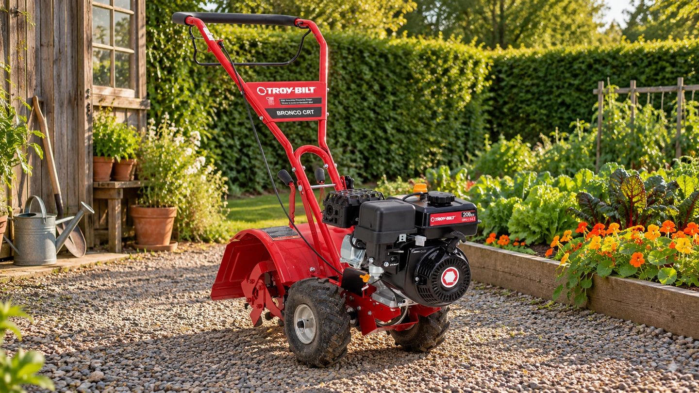 Tiller cultivators: a Bronco CRT rear-tine tiller beside nasturtium-edged vegetable beds.
