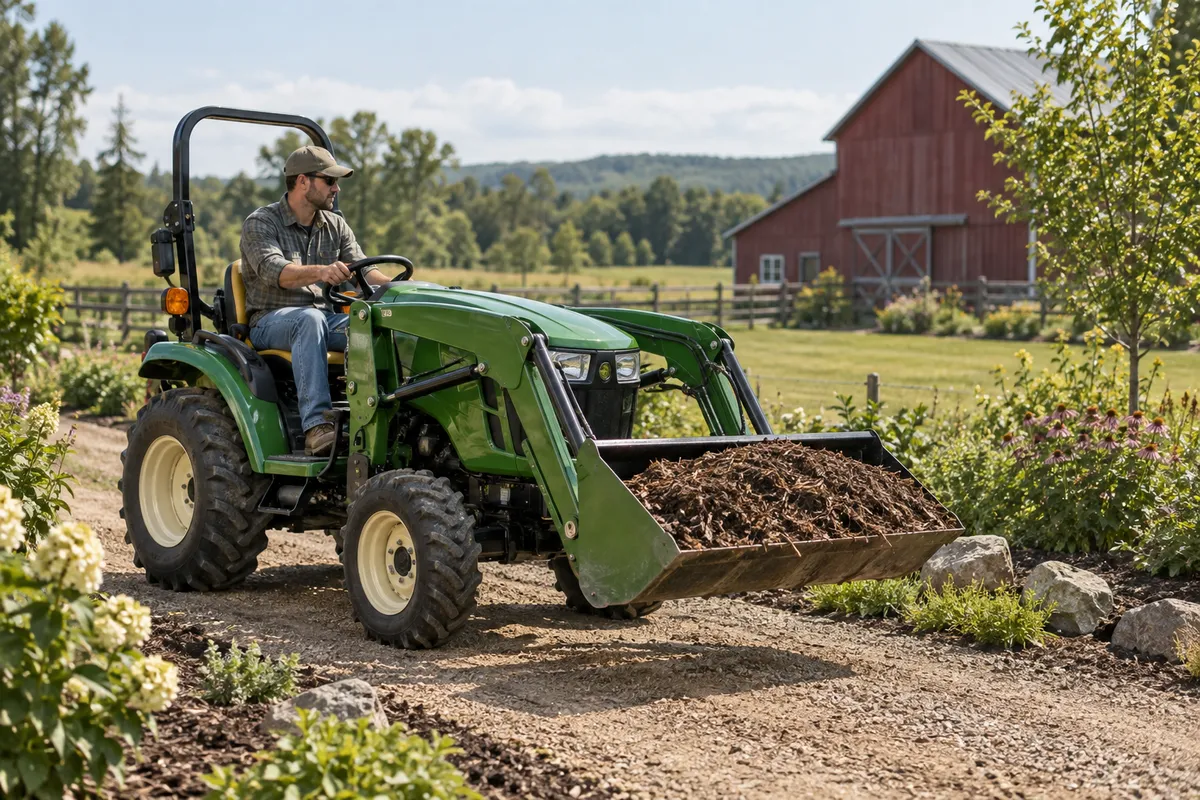 Compact utility tractor using a front loader to move mulch on a small property
