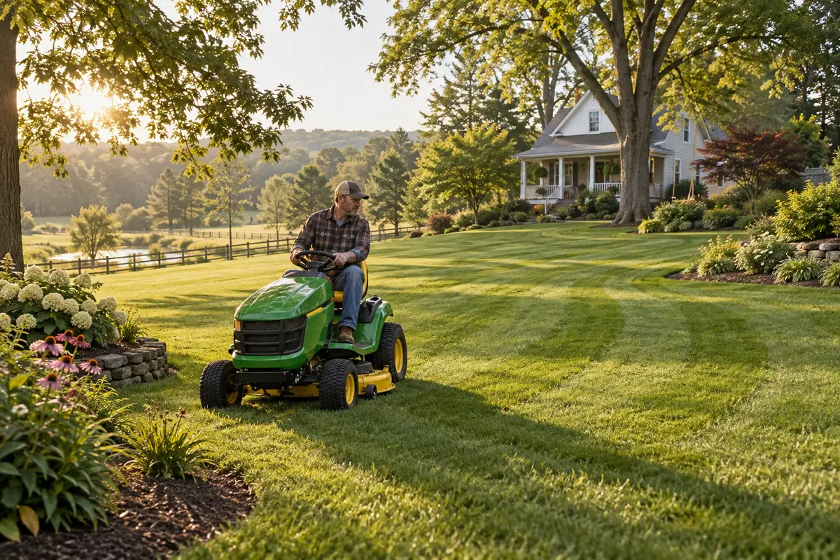 Green riding mower cutting a lawn at a landscaped residential property