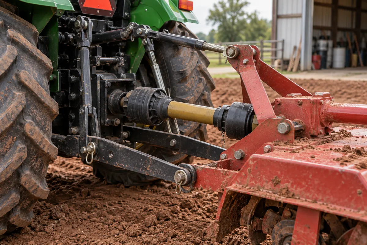 Rear three-point hitch and PTO connection between a compact tractor and rotary tiller