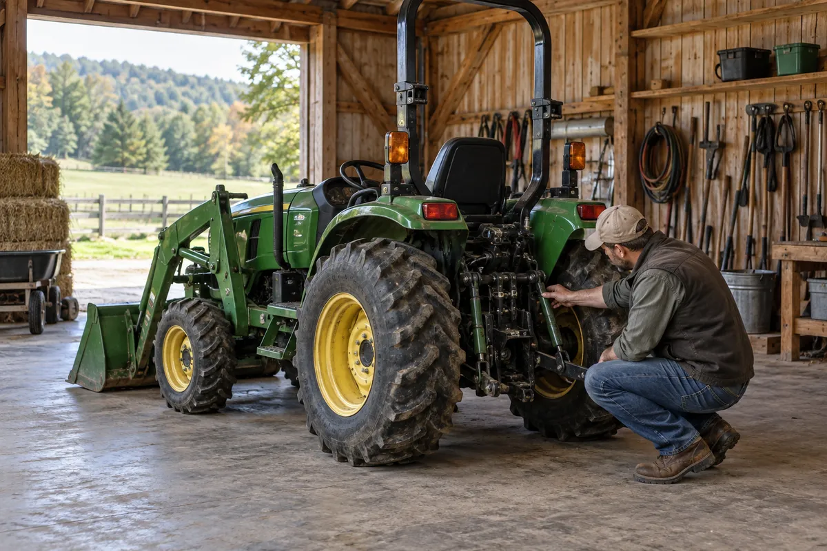 Pre-purchase inspection of a used compact tractor in an equipment shed